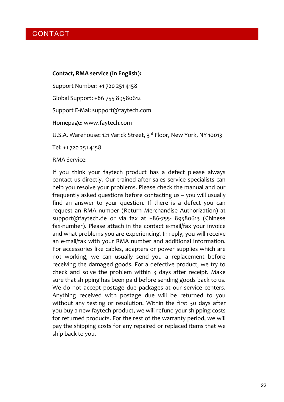 Contact | faytech 26" Vandal Non-Touch Monitor User Manual | Page 22 / 22