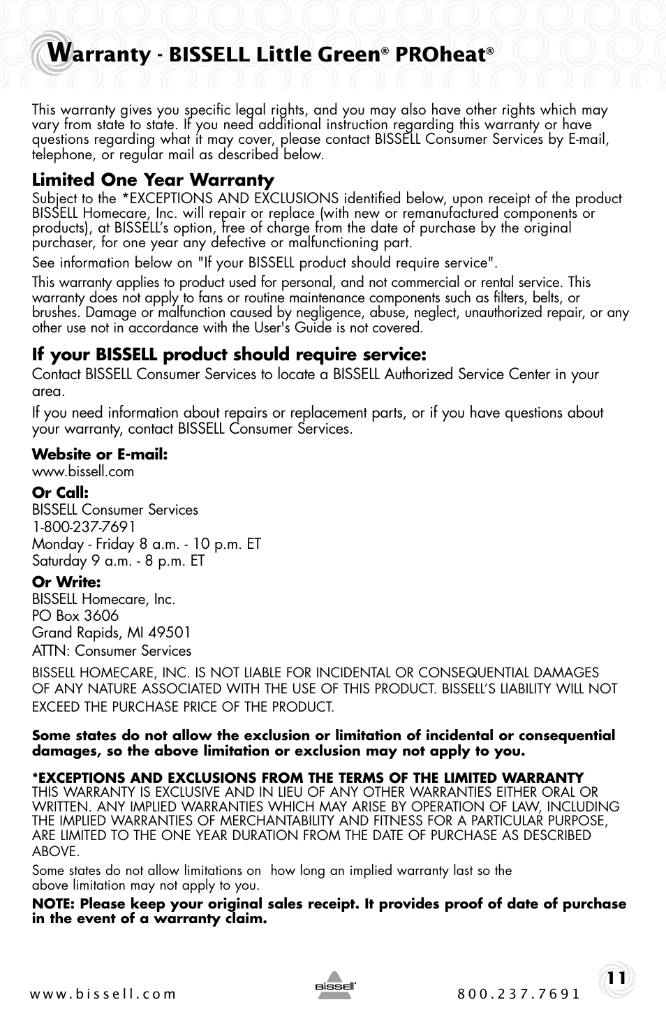 Arranty - bissell little green, Proheat | Bissell LittleGreen Proheat 50Y6 Series User Manual | Page 11 / 12
