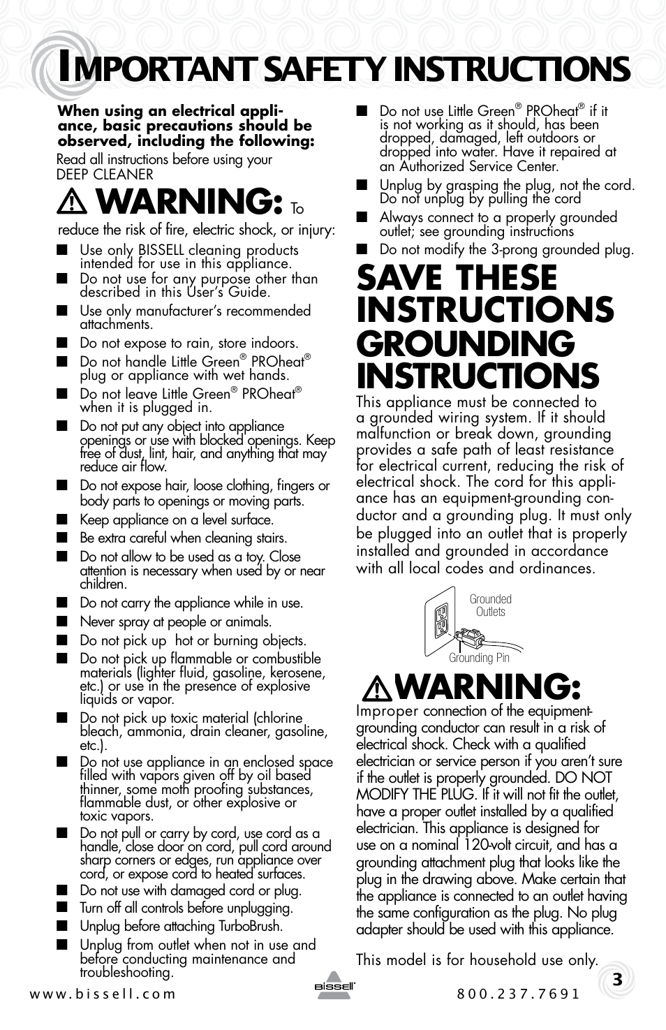 Mportant safety instructions, Warning, Save these instructions grounding instructions | Bissell LittleGreen Proheat 50Y6 Series User Manual | Page 3 / 12