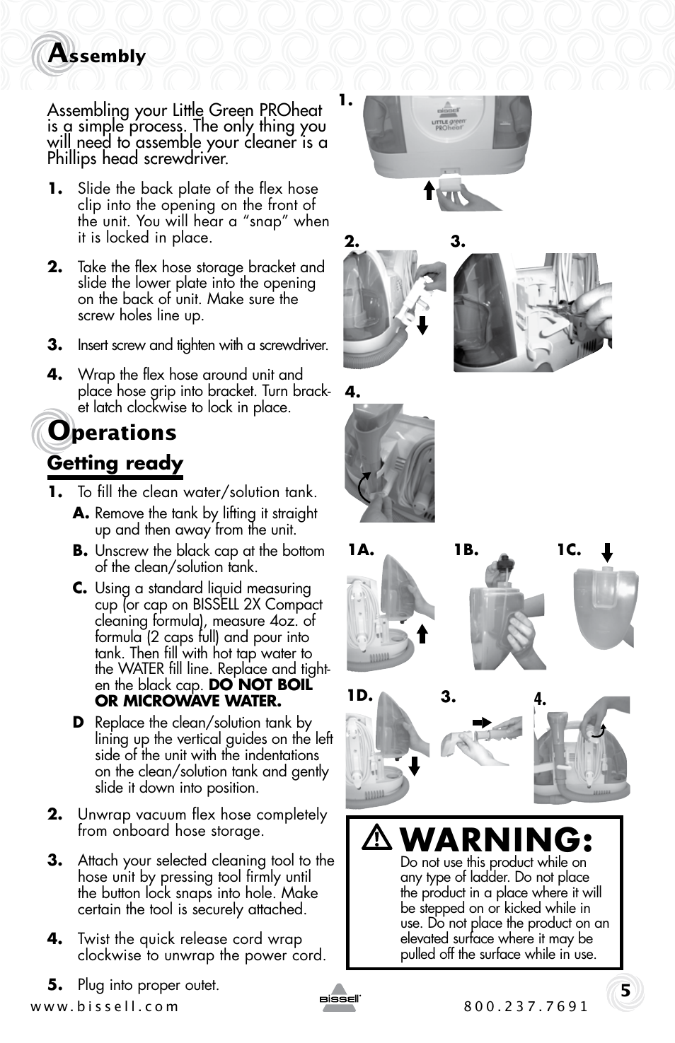 Warning, Perations | Bissell LittleGreen Proheat 50Y6 Series User Manual | Page 5 / 12