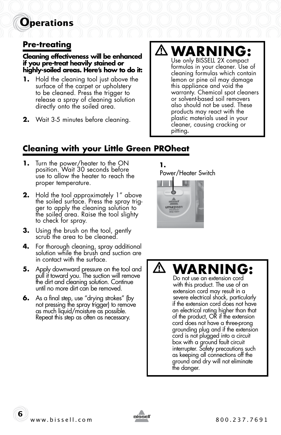 Warning, Perations | Bissell LittleGreen Proheat 50Y6 Series User Manual | Page 6 / 12