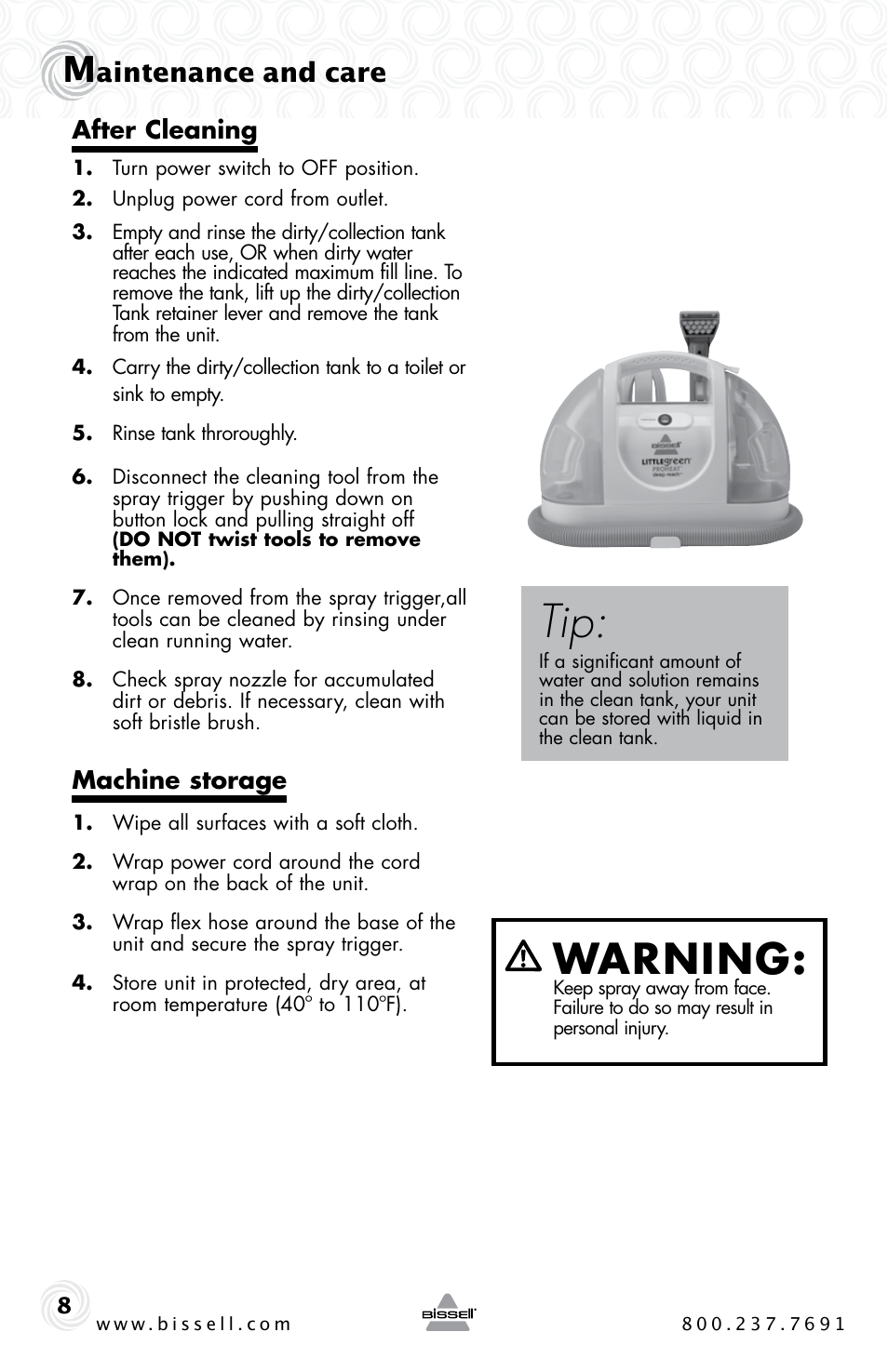 Warning, Aintenance and care | Bissell LittleGreen Proheat 50Y6 Series User Manual | Page 8 / 12