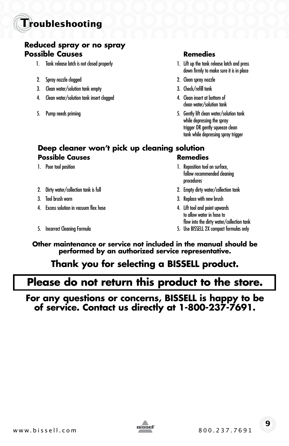Please do not return this product to the store, Roubleshooting | Bissell LittleGreen Proheat 50Y6 Series User Manual | Page 9 / 12