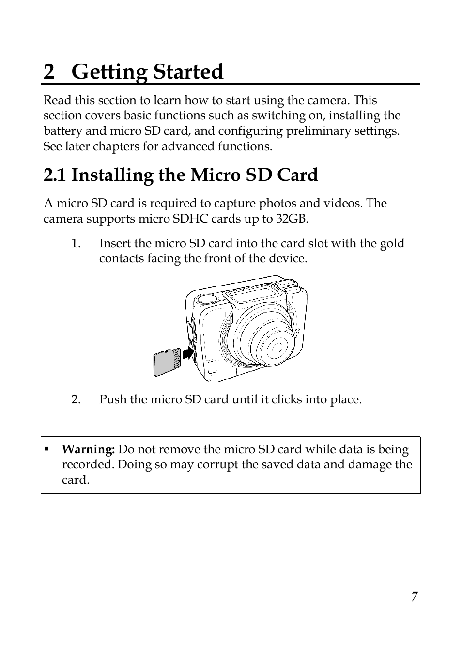 2 getting started, 1 installing the micro sd card | Flylink Full HD WIFI User Manual | Page 18 / 69