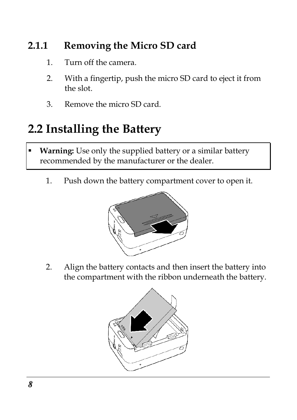 2 installing the battery, 1 removing the micro sd card | Flylink Full HD WIFI User Manual | Page 19 / 69