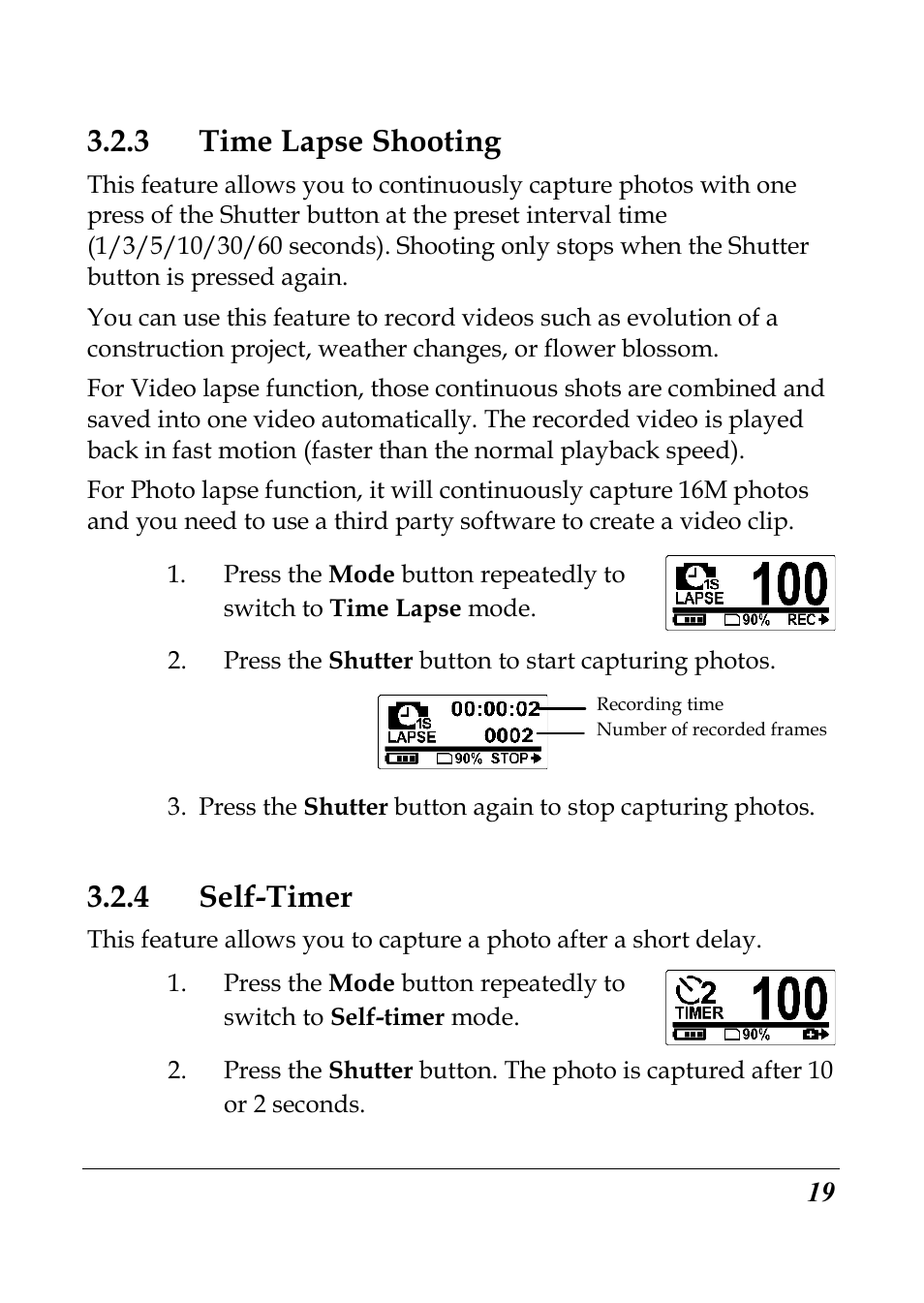 3 time lapse shooting, 4 self-timer | Flylink Full HD WIFI User Manual | Page 30 / 69
