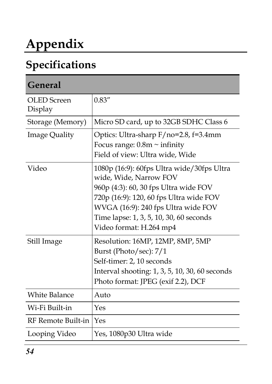 Appendix, Specifications | Flylink Full HD WIFI User Manual | Page 65 / 69