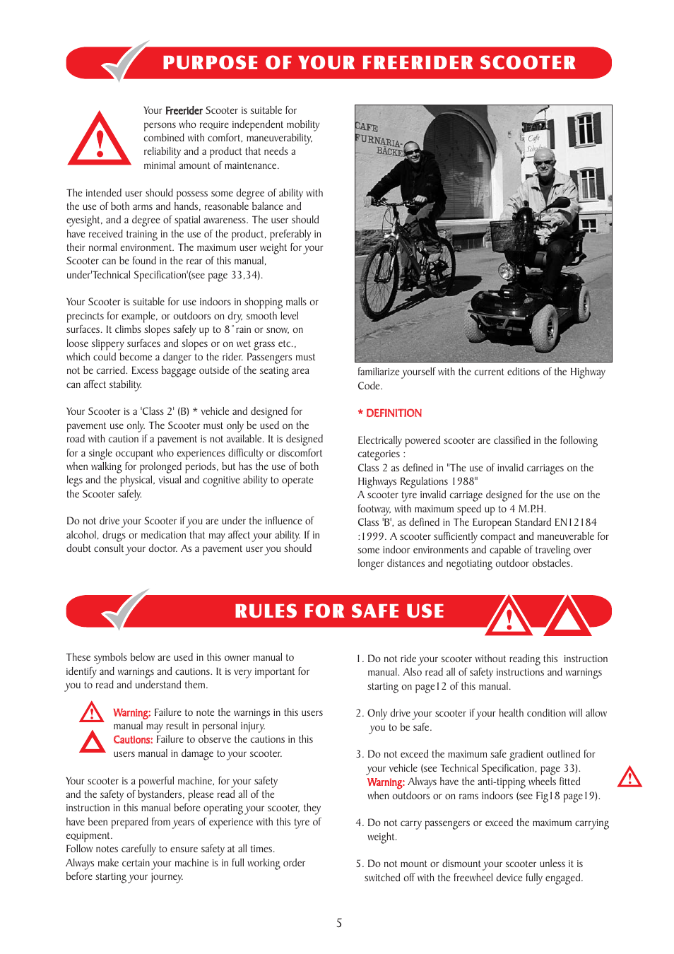 Purpose of your freerider scooter, Rules for safe use | Freerider FR510DXs2(Kensington-S) User Manual | Page 5 / 44