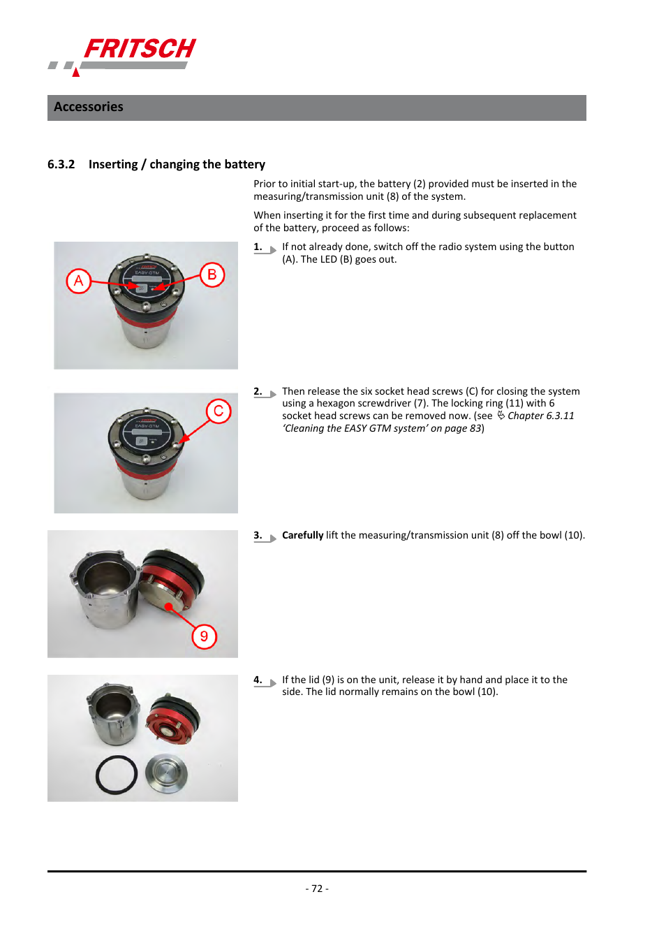 2 inserting / changing the battery, Accessories | FRITSCH PULVERISETTE 7 premium line User Manual | Page 72 / 112