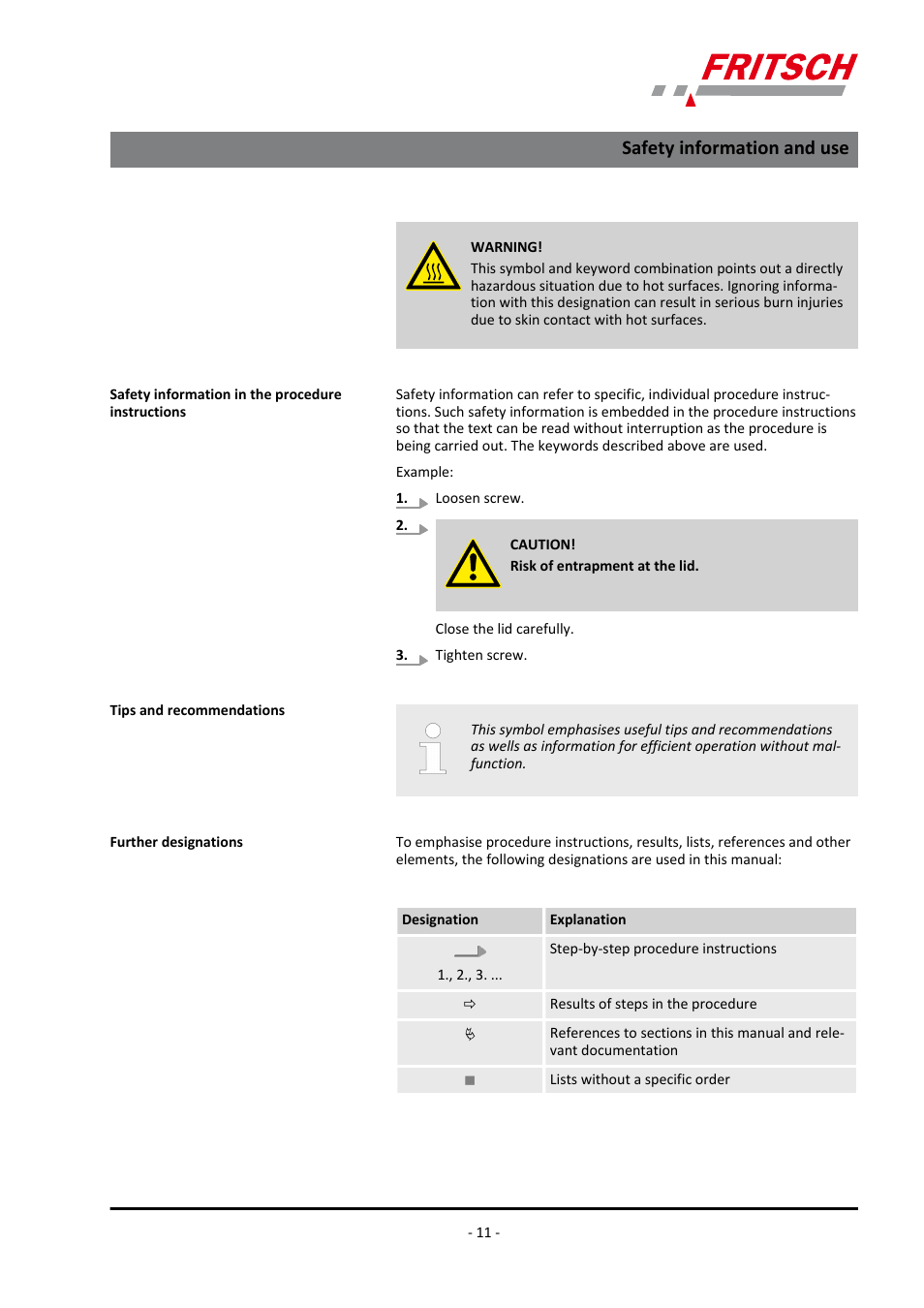 Safety information and use | FRITSCH PULVERISETTE 7 classic line User Manual | Page 11 / 56