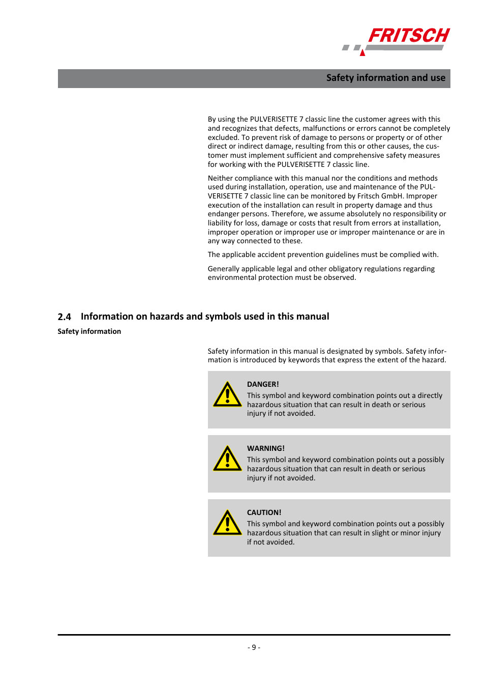 Safety information and use | FRITSCH PULVERISETTE 7 classic line User Manual | Page 9 / 56
