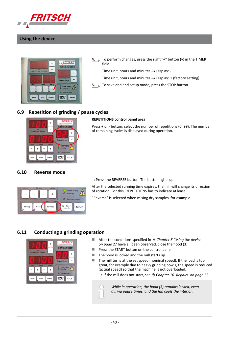 9 repetition of grinding / pause cycles, 10 reverse mode, 11 conducting a grinding operation | Using the device | FRITSCH PULVERISETTE 6 classic line User Manual | Page 40 / 68
