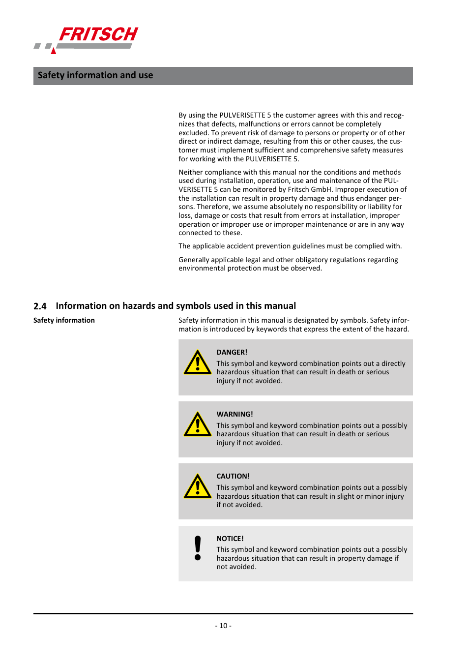 Safety information and use | FRITSCH PULVERISETTE 5/4 classic line User Manual | Page 10 / 68