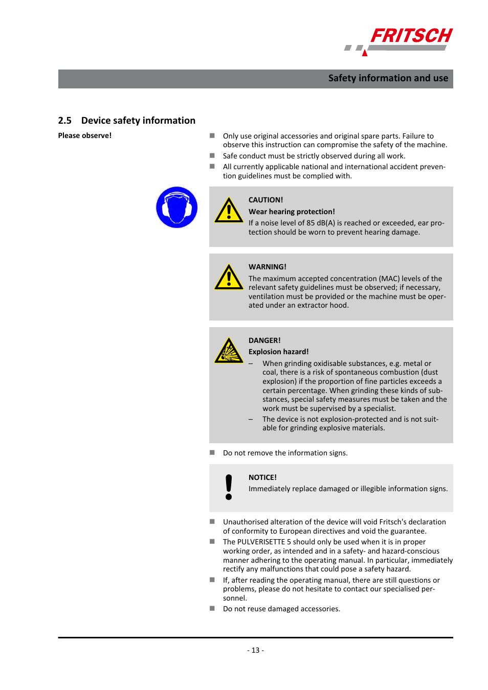 5 device safety information, Safety information and use | FRITSCH PULVERISETTE 5/4 classic line User Manual | Page 13 / 68