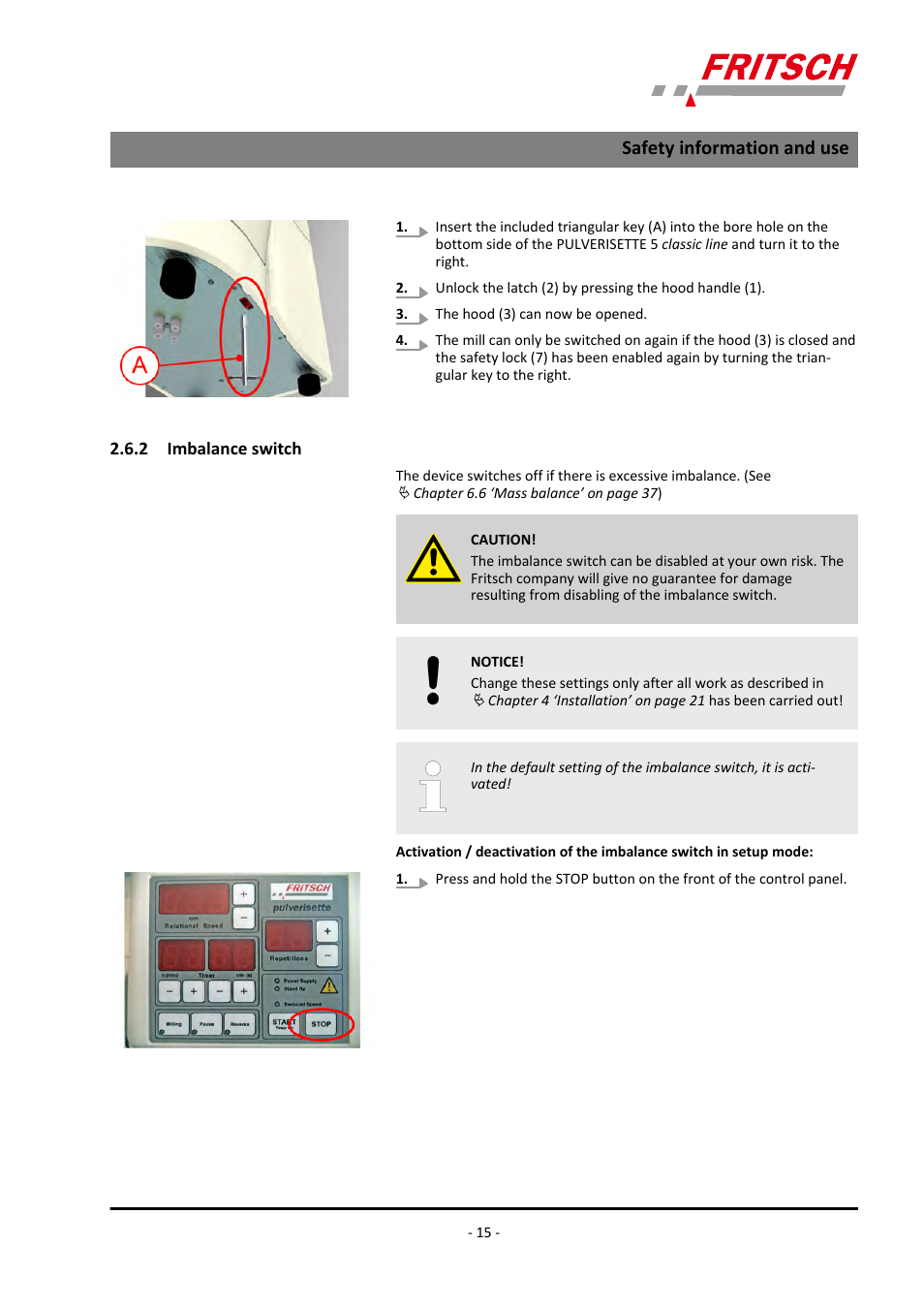 2 imbalance switch, Safety information and use | FRITSCH PULVERISETTE 5/4 classic line User Manual | Page 15 / 68