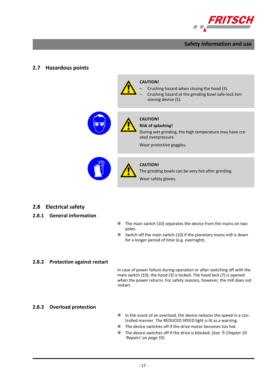7 hazardous points, 8 electrical safety, 1 general information | 2 protection against restart, 3 overload protection, Safety information and use | FRITSCH PULVERISETTE 5/4 classic line User Manual | Page 17 / 68