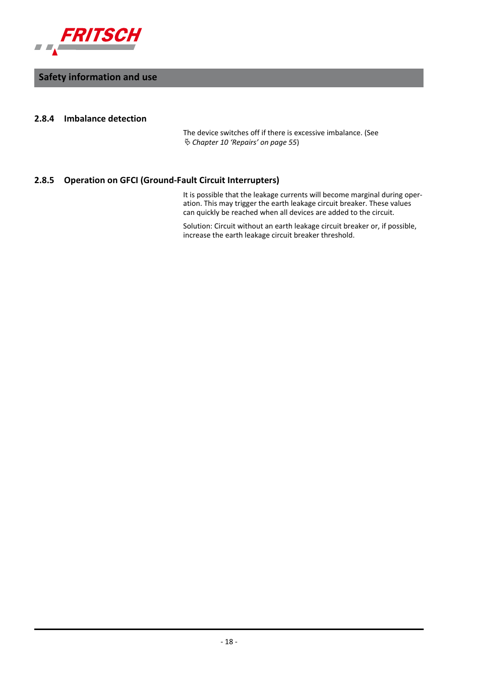 4 imbalance detection, Safety information and use | FRITSCH PULVERISETTE 5/4 classic line User Manual | Page 18 / 68