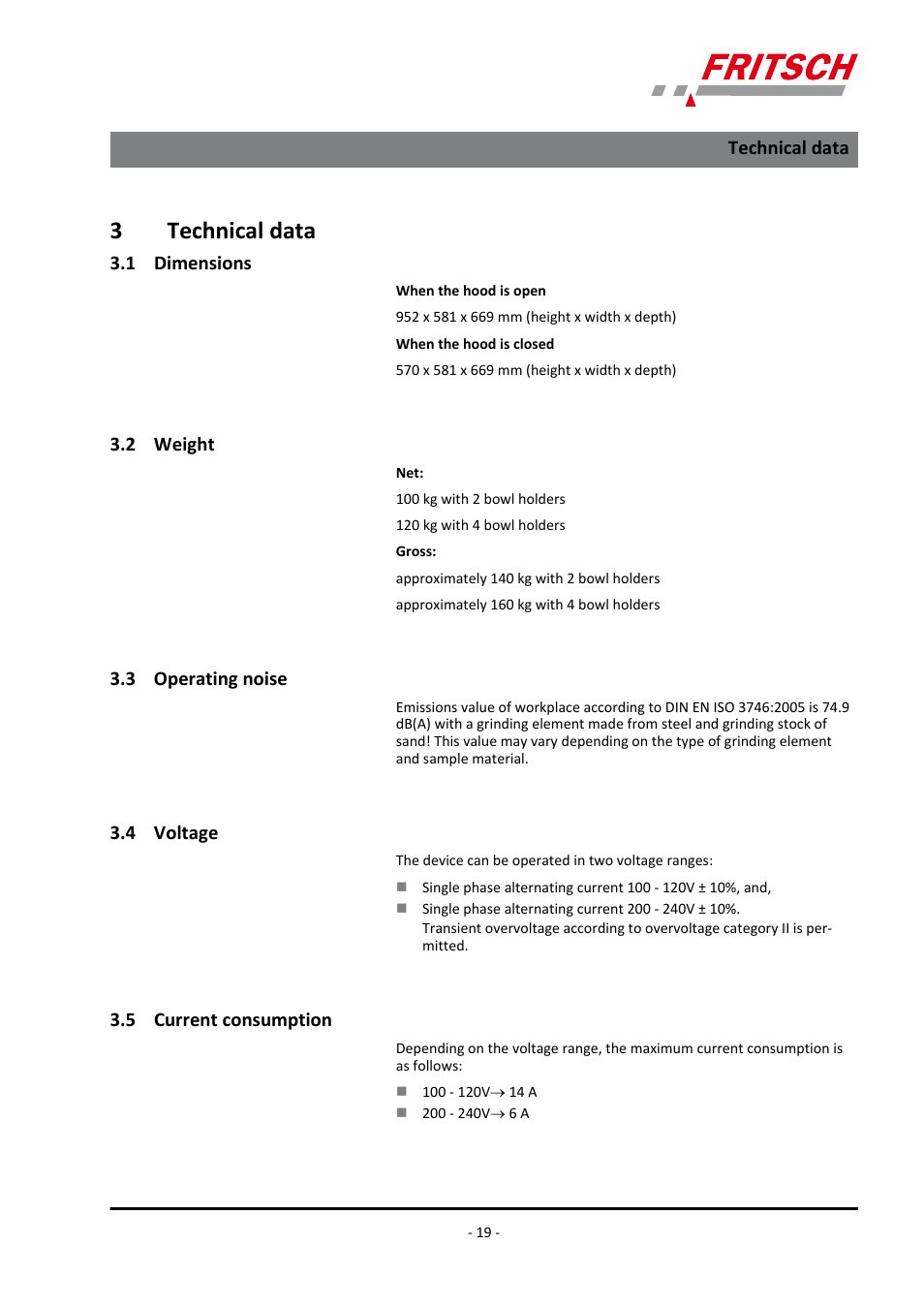 3 technical data, 1 dimensions, 2 weight | 3 operating noise, 4 voltage, 5 current consumption, 3technical data | FRITSCH PULVERISETTE 5/4 classic line User Manual | Page 19 / 68