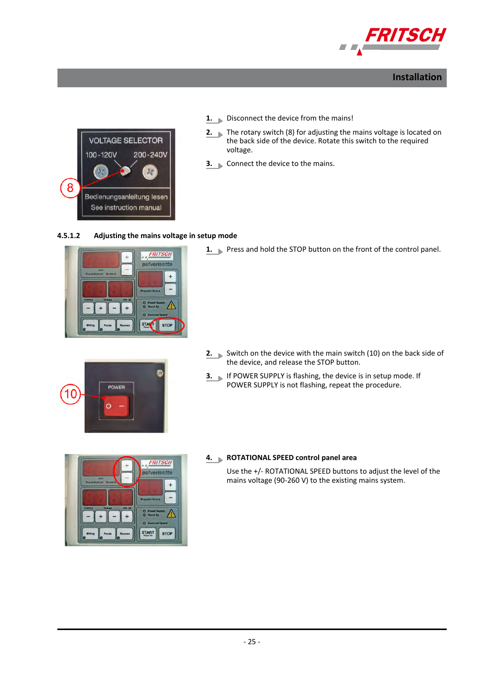 2 adjusting the mains voltage in setup mode, Installation | FRITSCH PULVERISETTE 5/4 classic line User Manual | Page 25 / 68