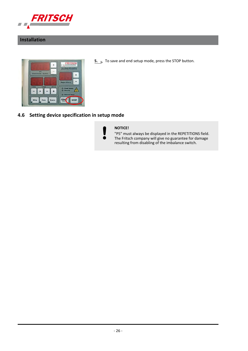 6 setting device specification in setup mode, Installation | FRITSCH PULVERISETTE 5/4 classic line User Manual | Page 26 / 68