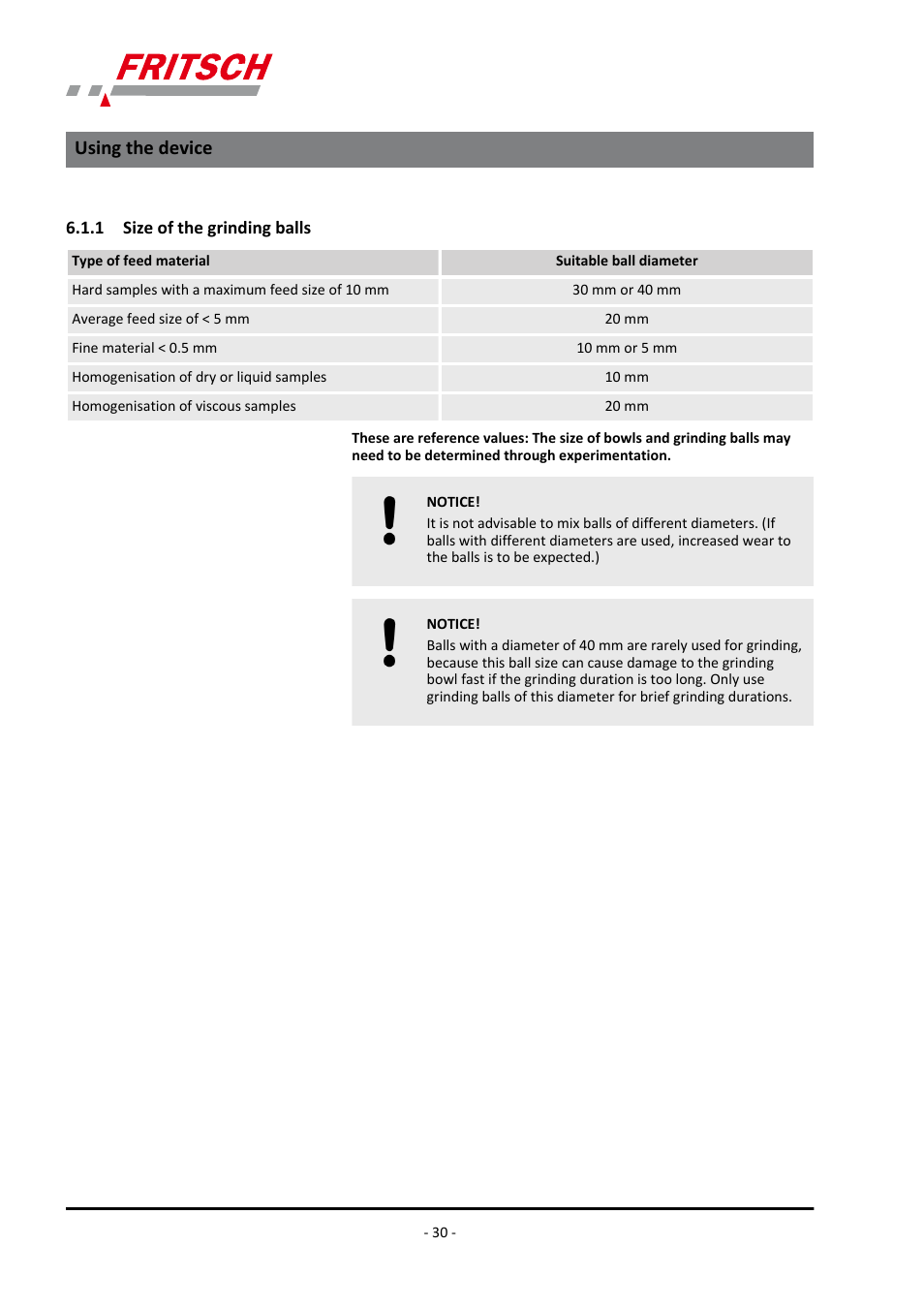 1 size of the grinding balls, Using the device | FRITSCH PULVERISETTE 5/4 classic line User Manual | Page 30 / 68