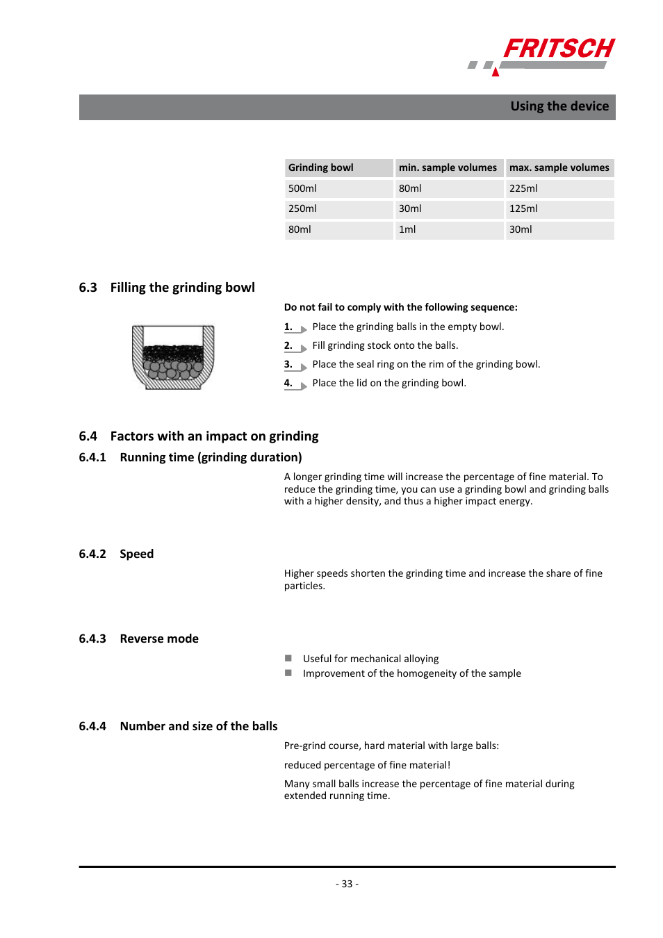 3 filling the grinding bowl, 4 factors with an impact on grinding, 1 running time (grinding duration) | 2 speed, 3 reverse mode, 4 number and size of the balls, Using the device | FRITSCH PULVERISETTE 5/4 classic line User Manual | Page 33 / 68