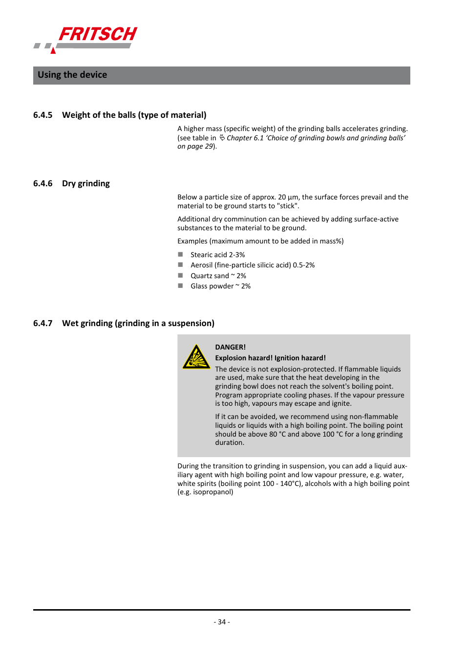 5 weight of the balls (type of material), 6 dry grinding, 7 wet grinding (grinding in a suspension) | Using the device | FRITSCH PULVERISETTE 5/4 classic line User Manual | Page 34 / 68