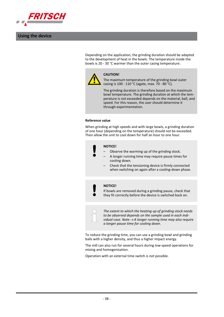 Using the device | FRITSCH PULVERISETTE 5/4 classic line User Manual | Page 38 / 68