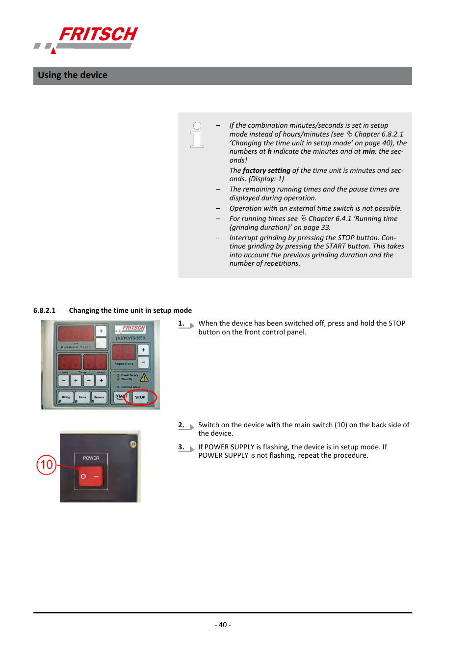 1 changing the time unit in setup mode, Using the device | FRITSCH PULVERISETTE 5/4 classic line User Manual | Page 40 / 68