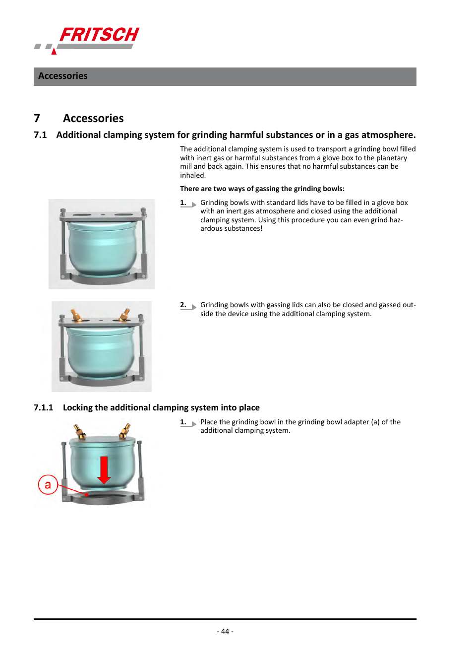 7 accessories, Stances or in a gas atmosphere, 7accessories | FRITSCH PULVERISETTE 5/4 classic line User Manual | Page 44 / 68