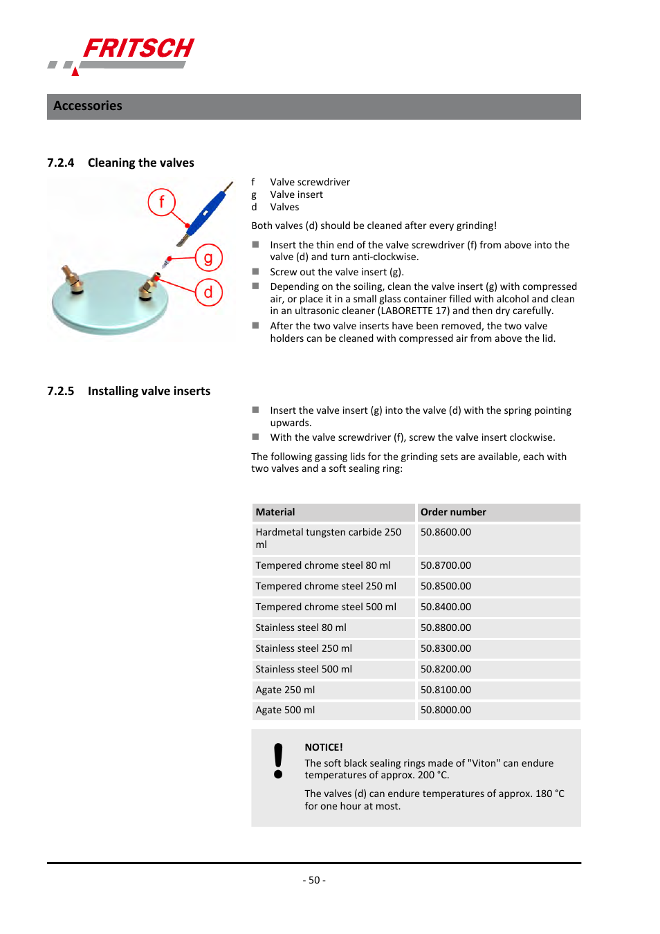 4 cleaning the valves, 5 installing valve inserts, Accessories | FRITSCH PULVERISETTE 5/4 classic line User Manual | Page 50 / 68