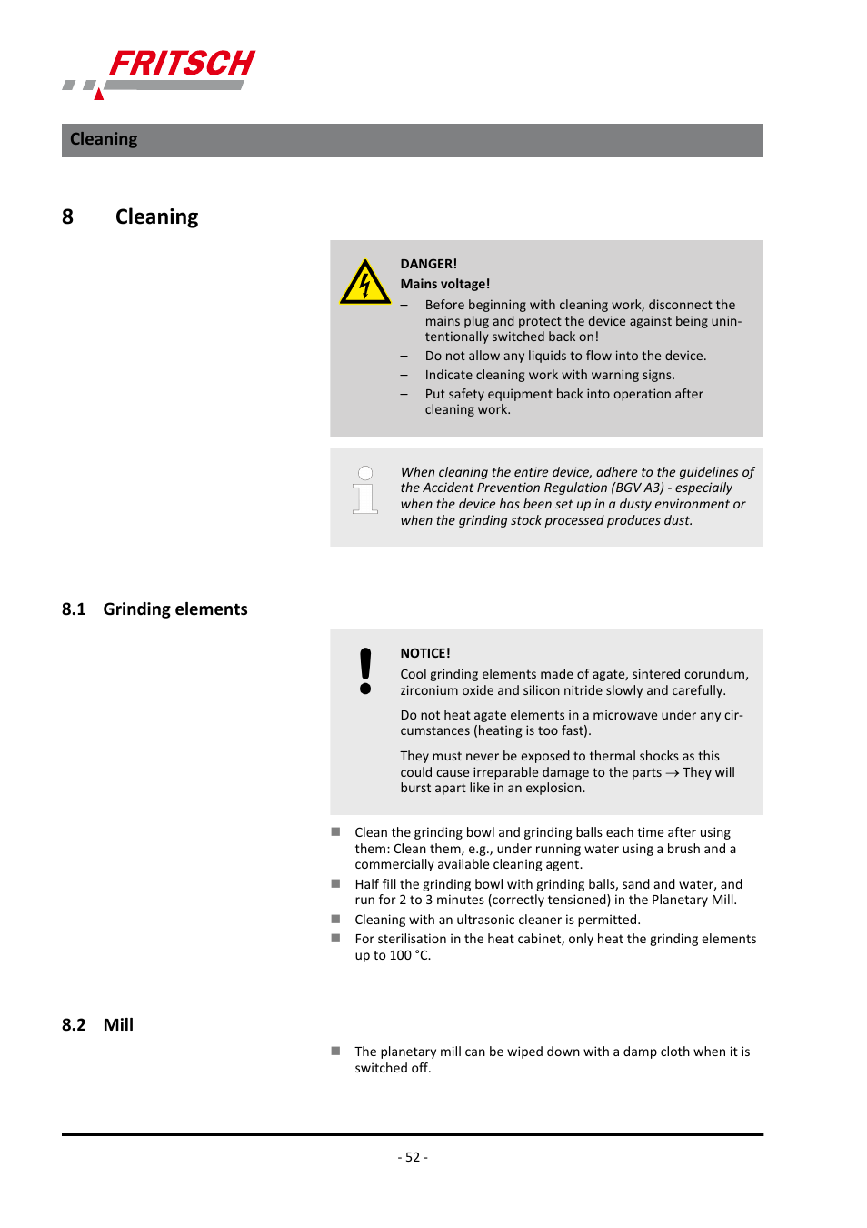 8 cleaning, 1 grinding elements, 2 mill | Cleaning 8.1 grinding elements 8.2 mill, 8cleaning | FRITSCH PULVERISETTE 5/4 classic line User Manual | Page 52 / 68