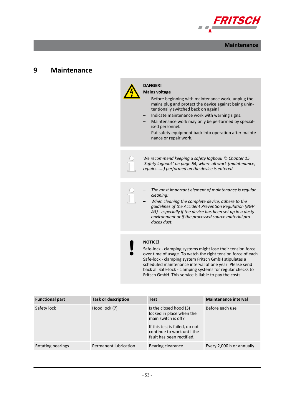 9 maintenance, Maintenance, 9maintenance | FRITSCH PULVERISETTE 5/4 classic line User Manual | Page 53 / 68