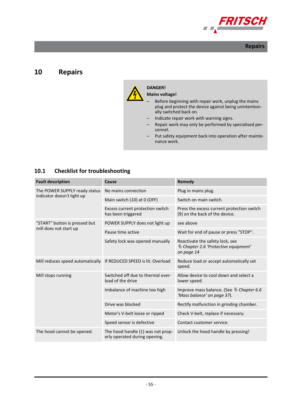 10 repairs, 1 checklist for troubleshooting, Repairs 10.1 checklist for troubleshooting | Ä chapter 10 ‘repairs, Repairs | FRITSCH PULVERISETTE 5/4 classic line User Manual | Page 55 / 68