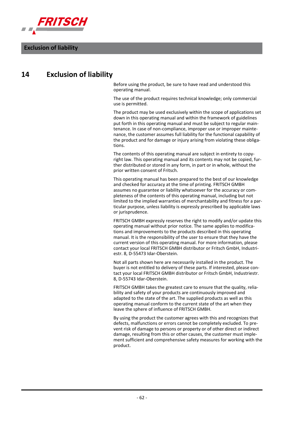 14 exclusion of liability, Exclusion of liability | FRITSCH PULVERISETTE 5/4 classic line User Manual | Page 62 / 68
