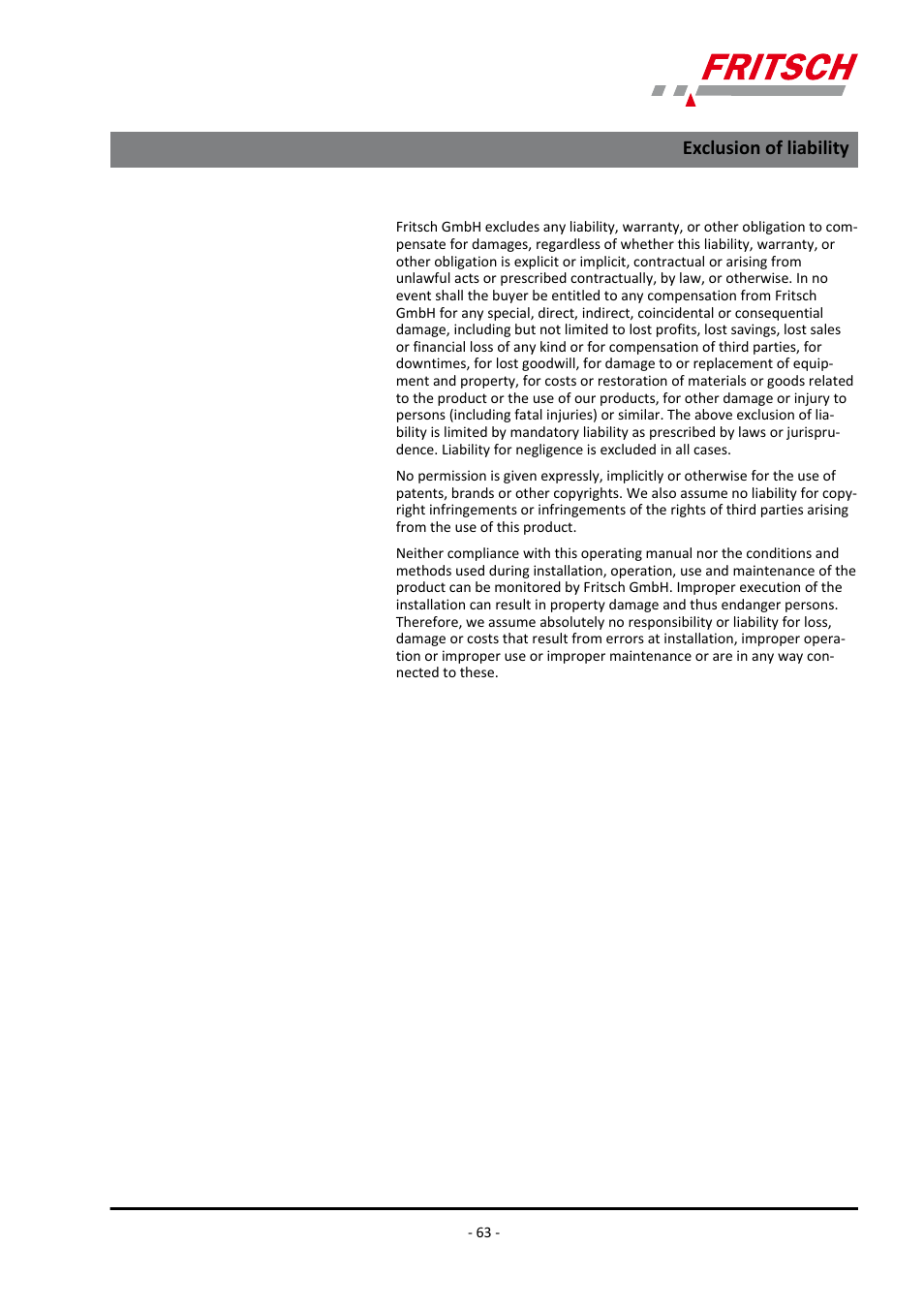 Exclusion of liability | FRITSCH PULVERISETTE 5/4 classic line User Manual | Page 63 / 68
