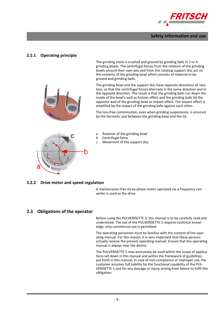 1 operating principle, 2 drive motor and speed regulation, 3 obligations of the operator | Safety information and use | FRITSCH PULVERISETTE 5/4 classic line User Manual | Page 9 / 68
