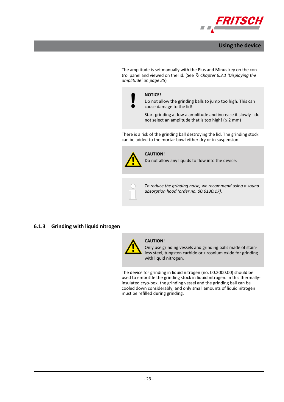 3 grinding with liquid nitrogen, Using the device | FRITSCH PULVERISETTE 0 User Manual | Page 23 / 52