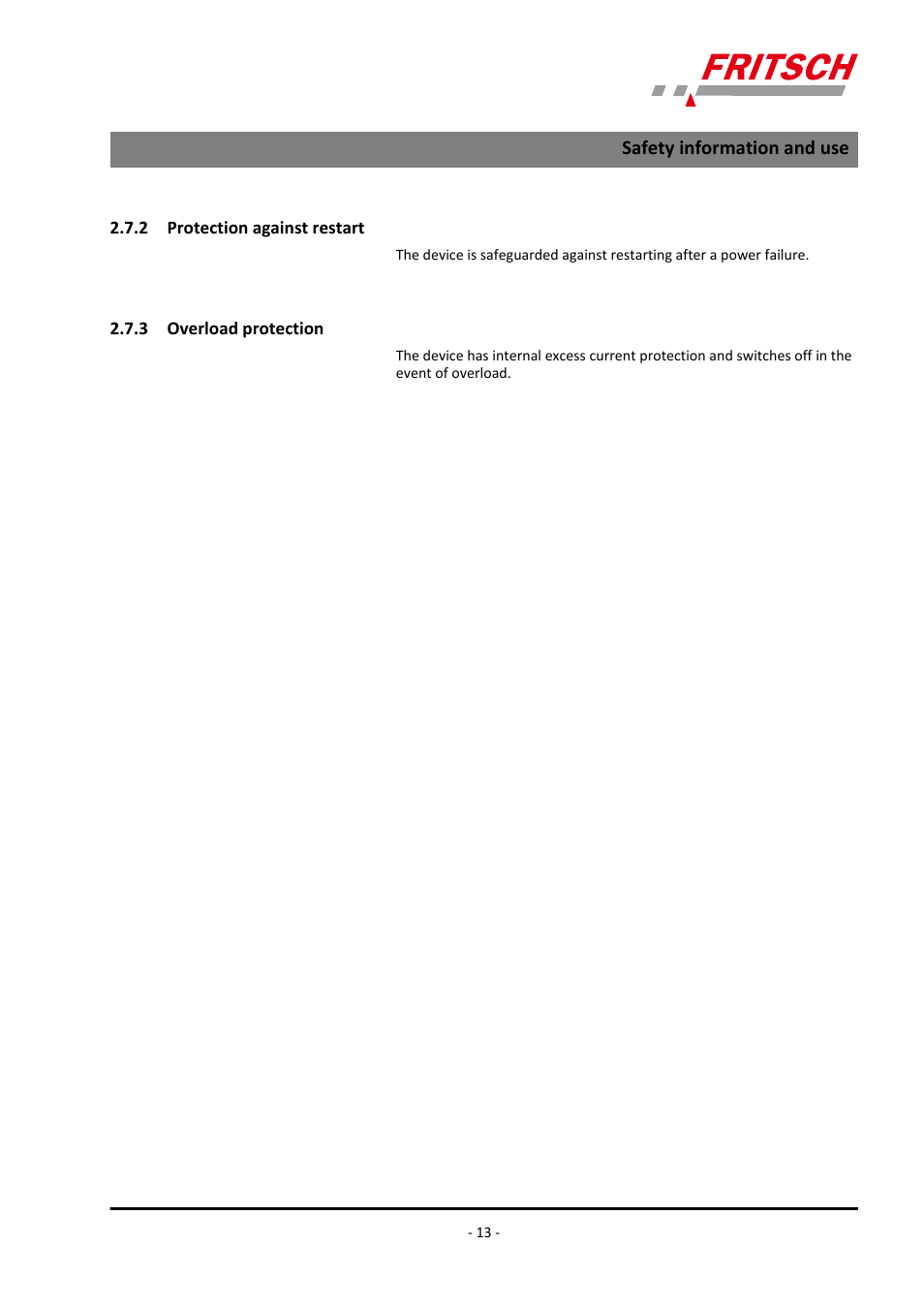 2 protection against restart, 3 overload protection | FRITSCH PULVERISETTE 23 User Manual | Page 13 / 40