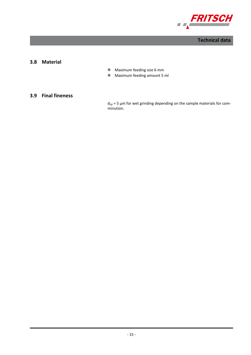 8 material, 9 final fineness, 8 material 3.9 final fineness | Technical data | FRITSCH PULVERISETTE 23 User Manual | Page 15 / 40