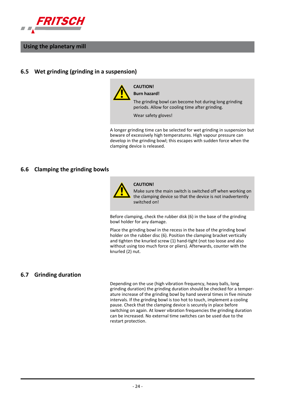 5 wet grinding (grinding in a suspension), 6 clamping the grinding bowls, 7 grinding duration | Using the planetary mill | FRITSCH PULVERISETTE 23 User Manual | Page 24 / 40