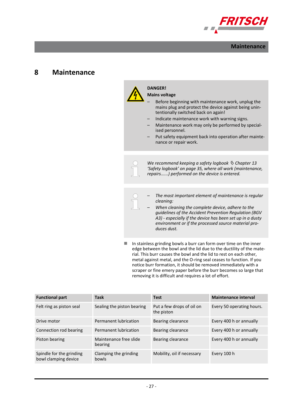 8 maintenance, Maintenance, 8maintenance | FRITSCH PULVERISETTE 23 User Manual | Page 27 / 40