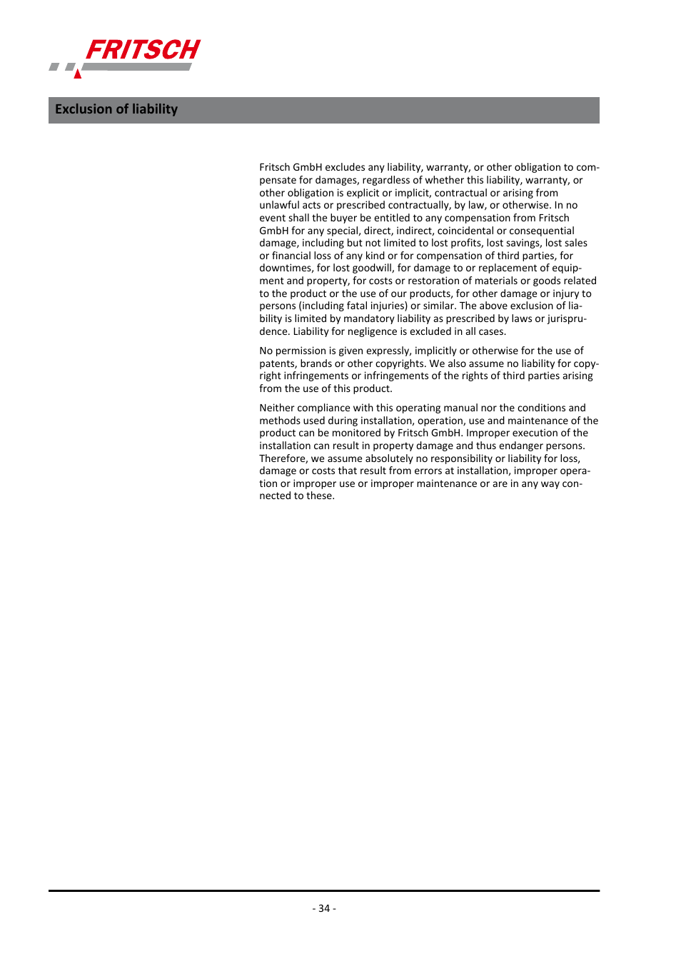 Exclusion of liability | FRITSCH PULVERISETTE 23 User Manual | Page 34 / 40