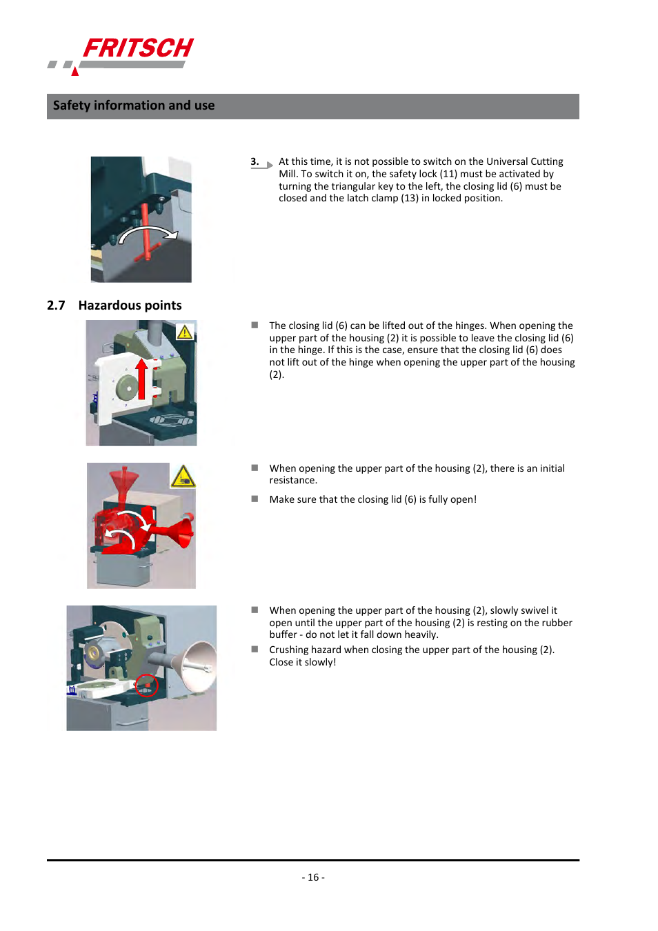 7 hazardous points, Safety information and use | FRITSCH PULVERISETTE 19 User Manual | Page 16 / 62
