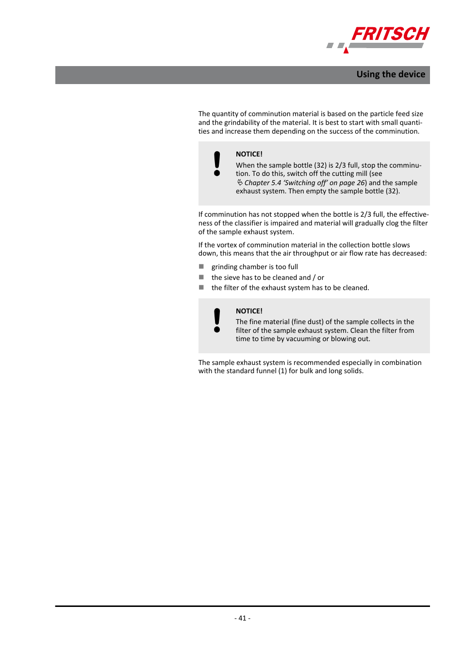 Using the device | FRITSCH PULVERISETTE 19 User Manual | Page 41 / 62