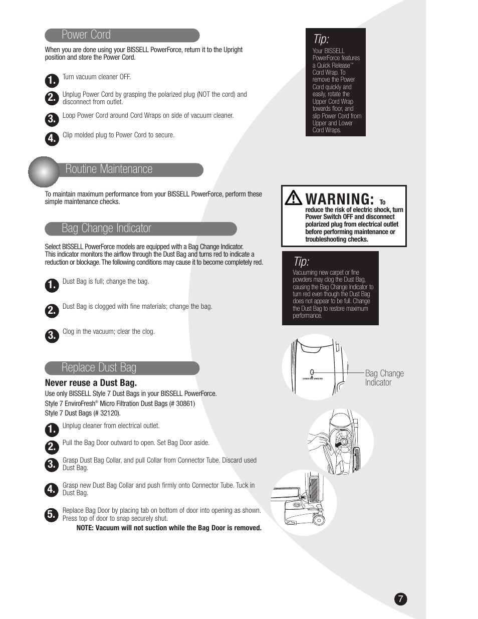 Warning, Replace dust bag | Bissell 3522 User Manual | Page 7 / 12