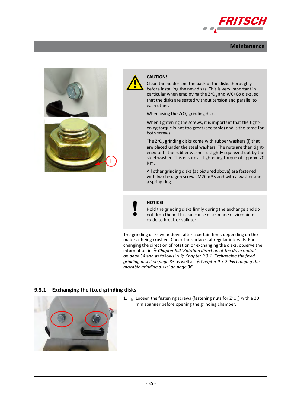 1 exchanging the fixed grinding disks, Maintenance | FRITSCH PULVERISETTE 13 classic line User Manual | Page 35 / 48