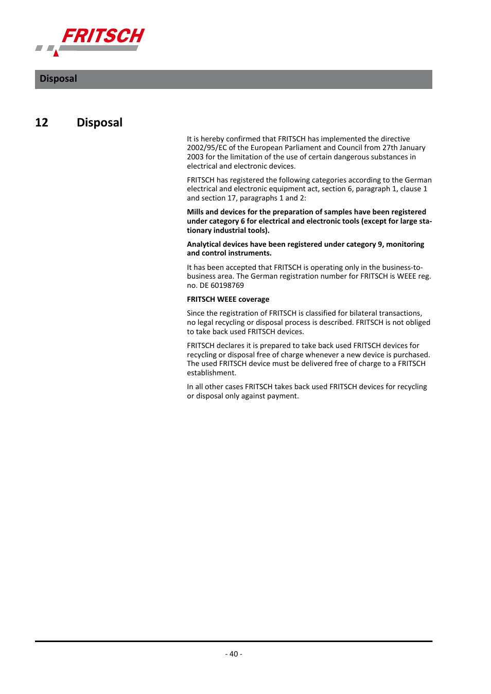 12 disposal, Disposal | FRITSCH PULVERISETTE 13 classic line User Manual | Page 40 / 48