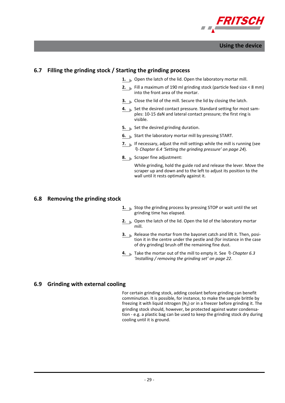 8 removing the grinding stock, 9 grinding with external cooling, Using the device | FRITSCH PULVERISETTE 2 User Manual | Page 29 / 48