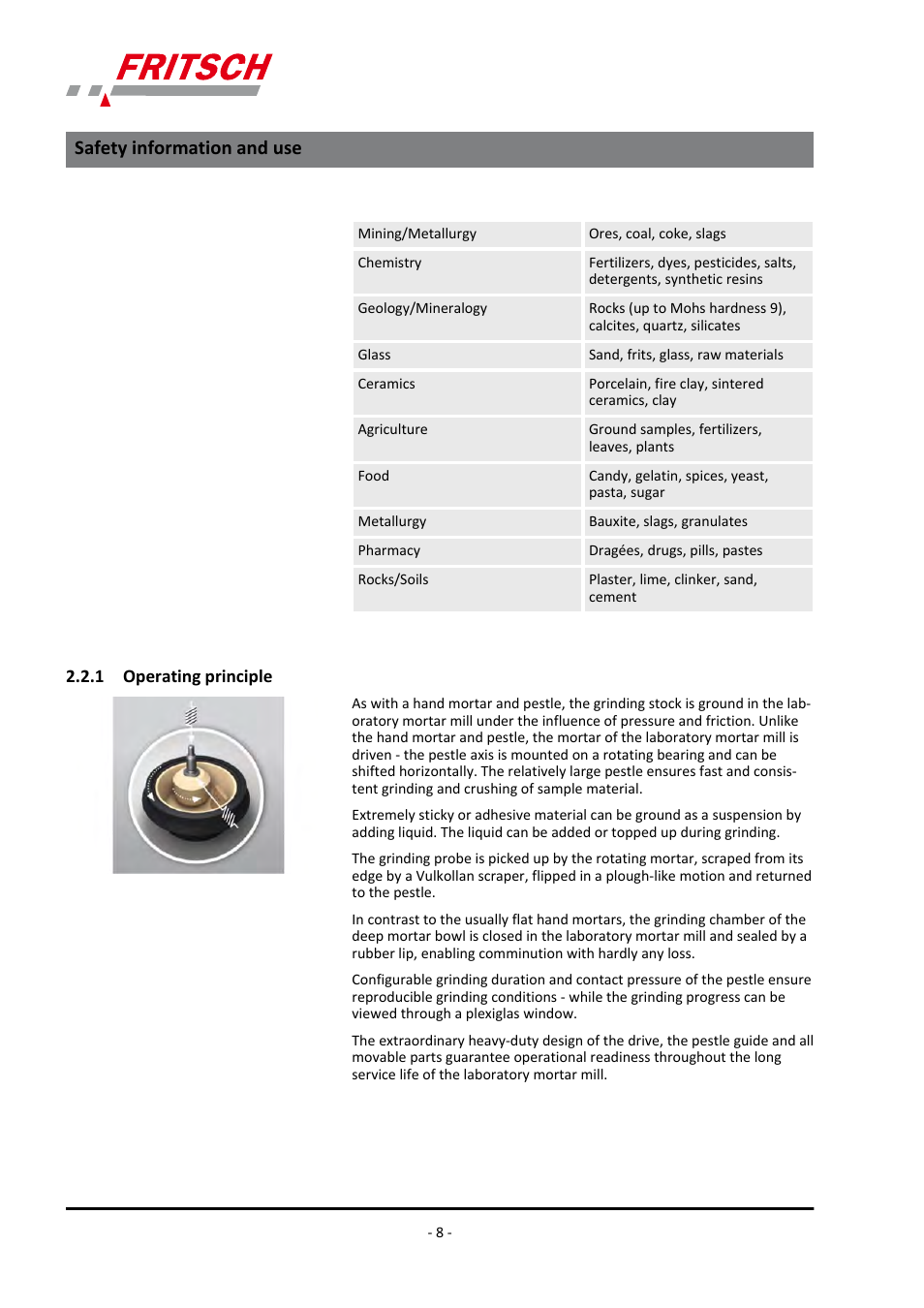 1 operating principle, Safety information and use | FRITSCH PULVERISETTE 2 User Manual | Page 8 / 48